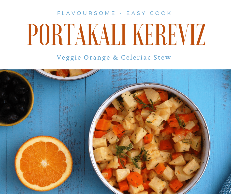 Turkish Recipes By Exploring The Turkish Kitchen: Picture shows small bowls of Turkish celeriac with orange and honey Text overlay reads: Flavoursome celeriac dish.  