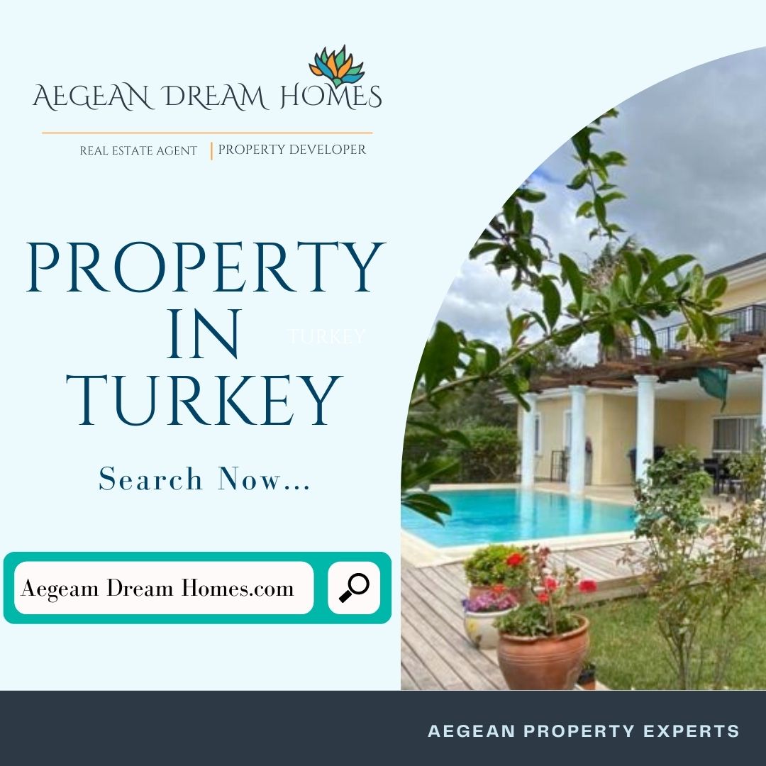 Aegean Dream Homes: Turkish Estate Agent Banner. Picture shows Kuşadası villa for sale. Text overlay reads: Property In Turkey. Search Now - Aegean Dream Homes.com 