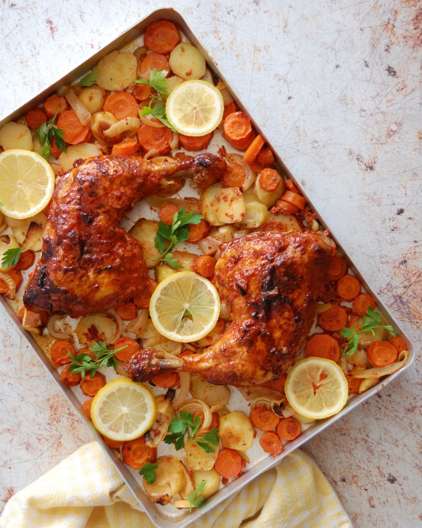 Oven roast Turkish Style Chicken and veg using salça
