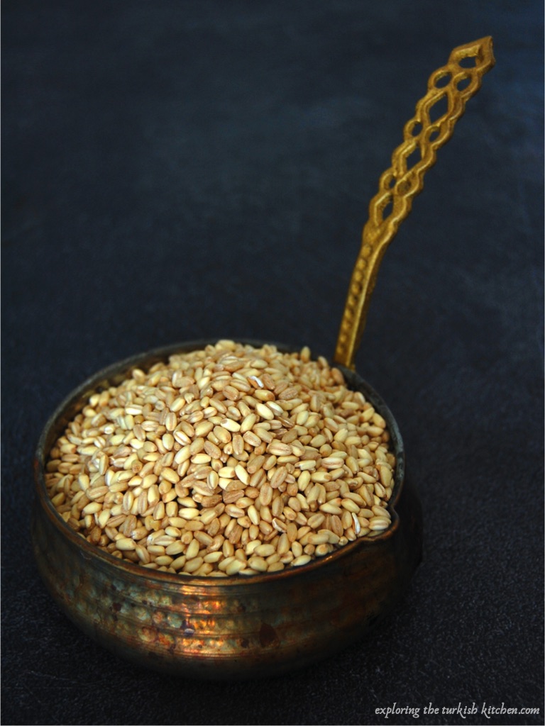 A Small Turkish copper pot of peeled wheat or Aşurelik buğday on a dark background.