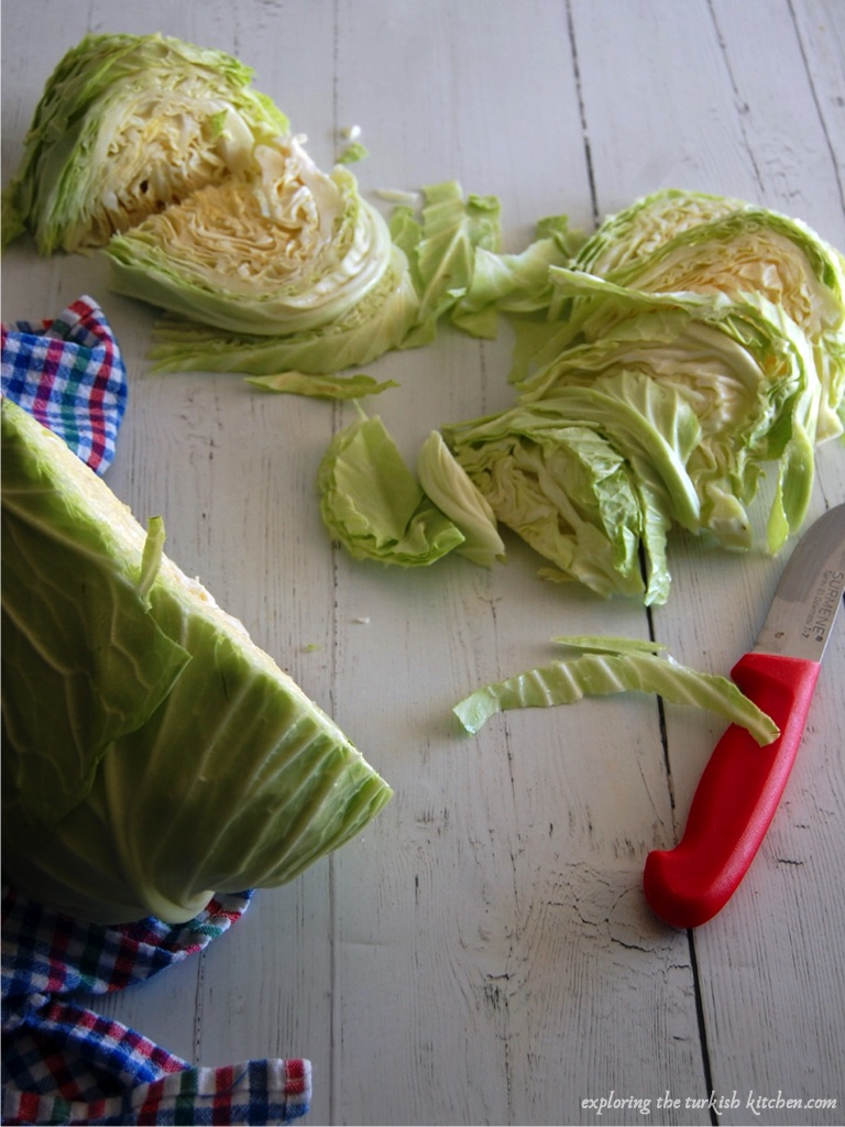 Cutting a white cabbage into quarters and shredding it. A Red handle knife sits aside a part cut cabbage on a checked red, blue and green tea towel. 