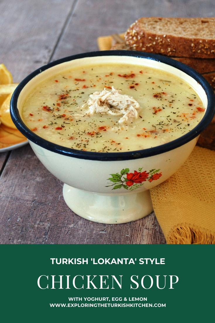 “Pinable image for Turkish chicken soup with lemon and egg. Picture show soup in vintage bowl with text overlay reads: 'Turkish Lokanta style chicken soup with yoghurt, egg and lemon. Exploring The Turkish Kitchen.com
