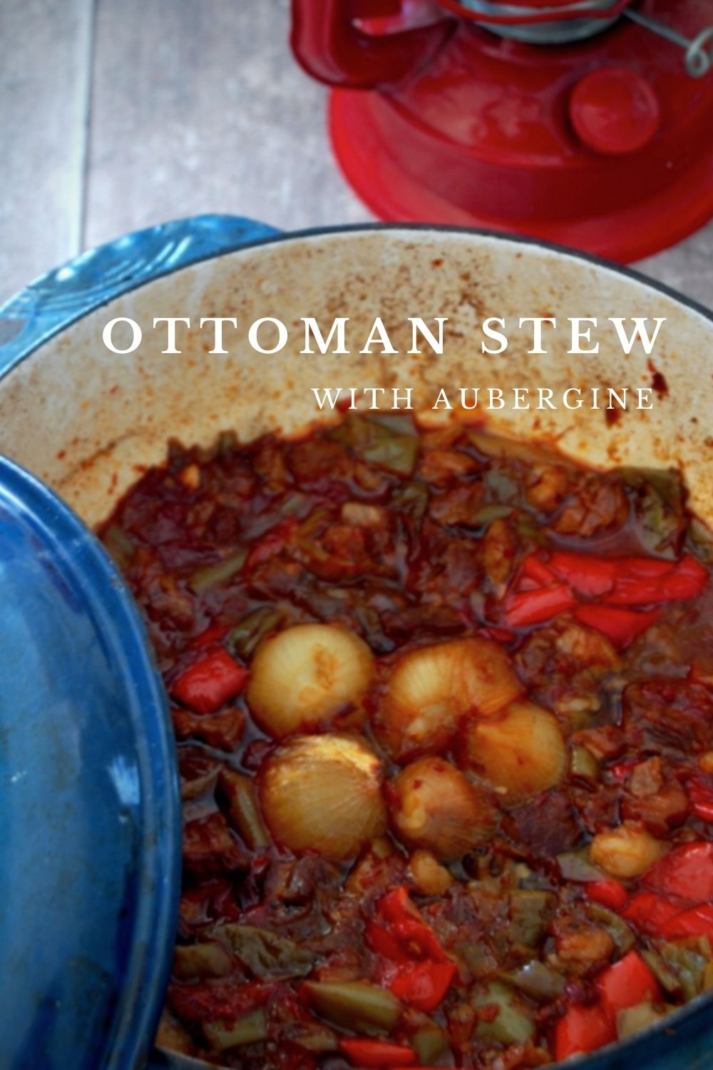 Pinable image slowing complete dish photo with text overlay: Ottoman Stew with aubergine.