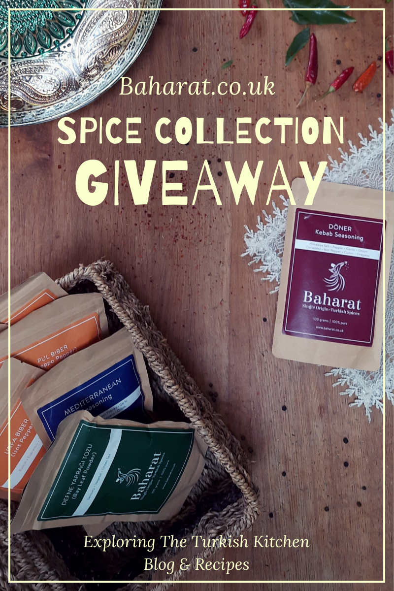 “Blog header for Spice collection giveaway. Shows packets of spices from Baharat. Text overlay reads: Turkish Cooking Collection.